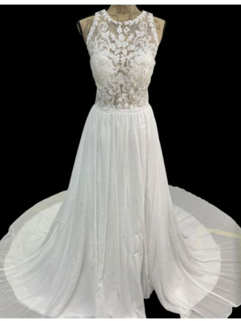 Hebeos NWT Sheer Hi Neck Bodice Button/Zip Back Sleeveless Wedding Gown w/Slit